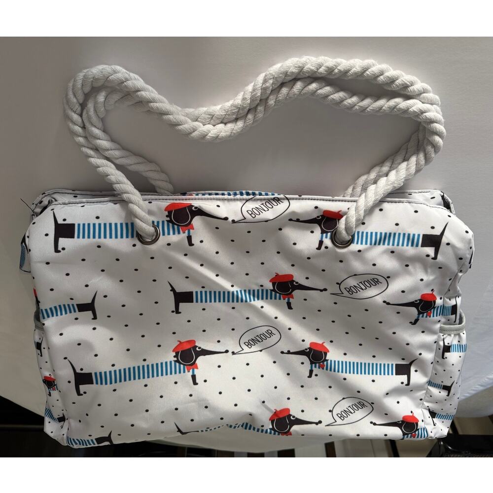 Bonjour Dachshund Tote Bag White Polka Dot Wiener Dog Purse Thick Rope Handles
